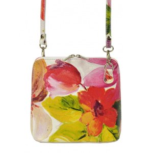 Kožená malá dámská crossbody kabelka s motivem květů růžová