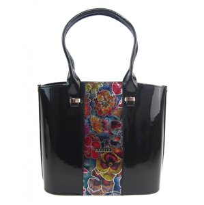 Luxusní velká dámská kabelka černý lak s barevnými kvítky S528 GROSSO