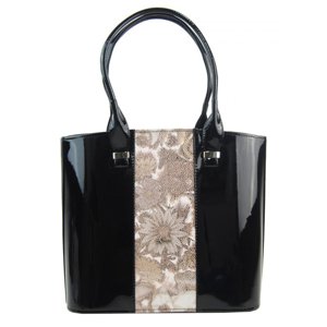 Luxusní velká dámská kabelka černý lak s hnědými kvítky S528 GROSSO
