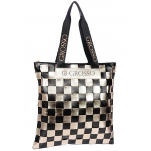 Černo-zlatá měkká shopper dámská kabelka s proplétaným šachovnicovým vzorem S688 GROSSO